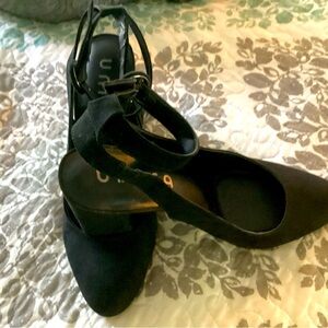 Women’s black suede closed toe shoes with ankle strap